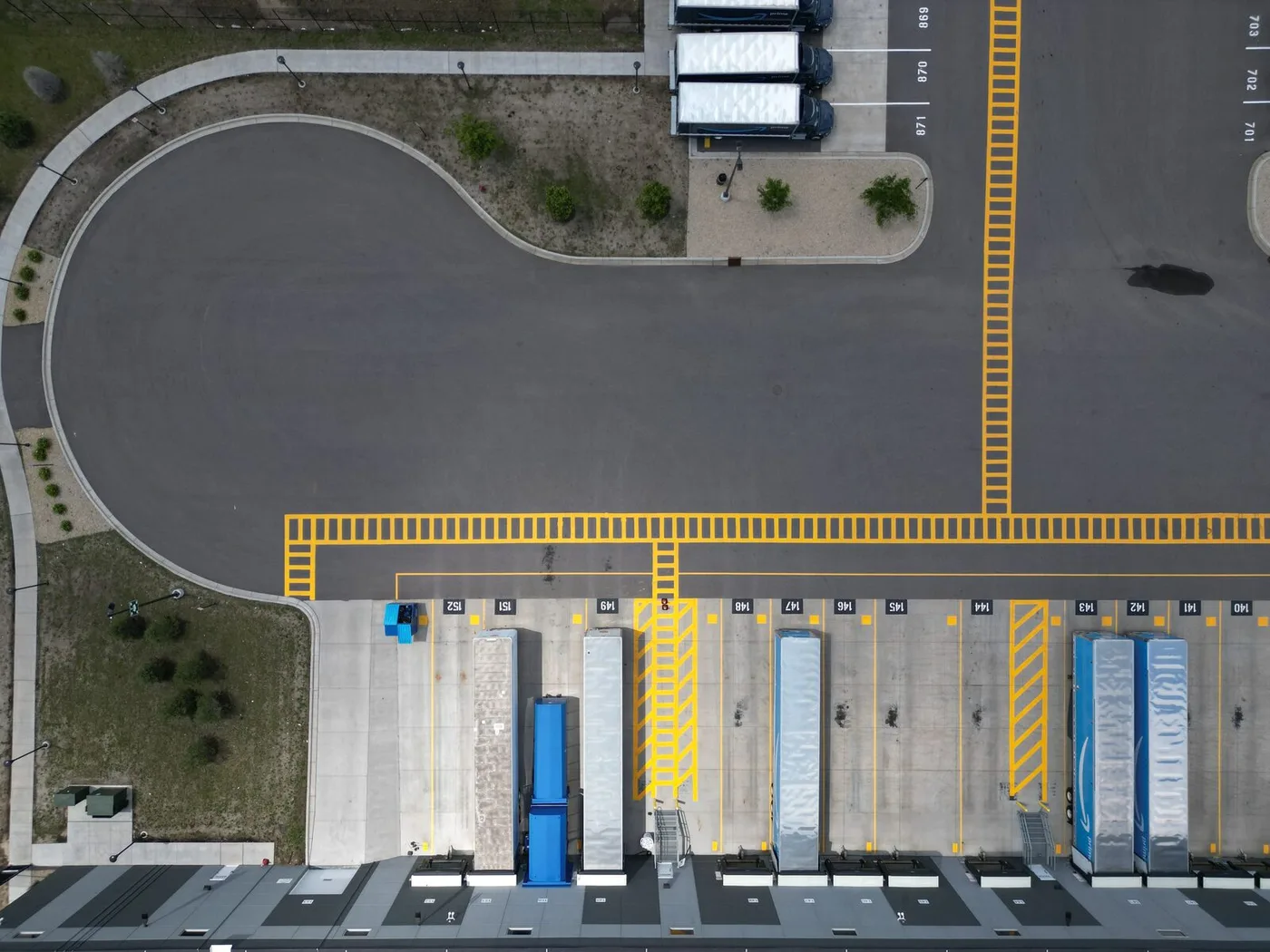 Aerial view of trucks at an industrial loading dock